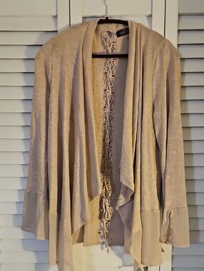 august silk Light Beige Draped Open-Front Cardigan with Lace Trim